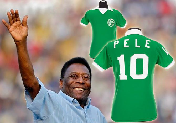Brazilian football legend Pele and a green Umbro brand New York Cosmos football jersey number "10" worn by Pele during the 1976 North American Soccer League (NASL) season is shown in this handout image released on March 8, 2016