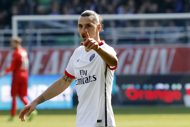 Paris St Germain's Zlatan Ibrahimovic celebrates after a goal against Troyes 