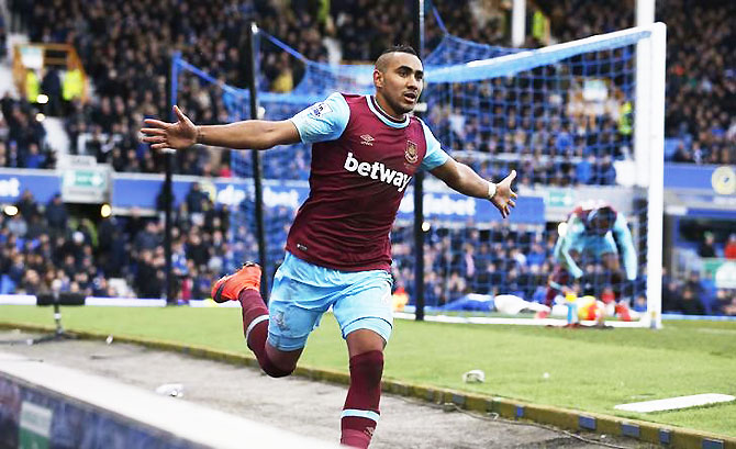 West Ham's Dimitri Payet celebrates after scoring the third goal against Manchester United during their FA Cup quarter-final on Sunday