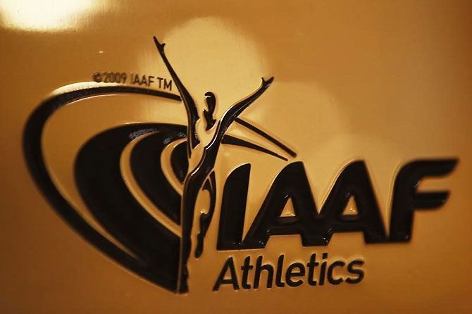 A view shows the logo at the The International Association of Athletics Federations (IAAF) headquarters in Monaco