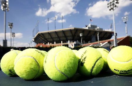 Balls sit on a practice court ahead of the U.S. Open tennis championship in New York