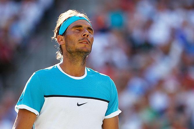 Spain's Rafael Nadal reacts during his match against Germany's Alexander Zverev during the BNP Paribas Open at Indian Wells Tennis Garden in Indian Wells, California, on Wednesday