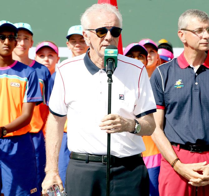 CEO Raymond Moore address the audiance at the trophy ceremony after Novak Djokovic defeated Milos Raonic to win the men's final of the BNP Paribas Open at the Indian Wells Tennis Garden in Indian Wells, California, on Sunday