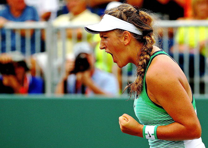 Belarus' Victoria Azarenka reacts during her match against Spain's Garbine Muguruza