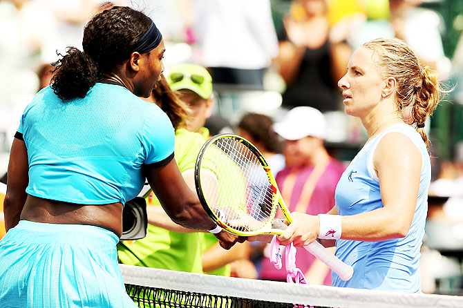 Serena Williams congratulates Svetlana Kuznetsova after their match during the Miami Open at Crandon Park Tennis Center in Key Biscayne, Florida, on Monday