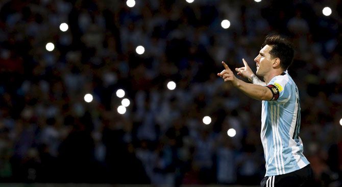 Argentina's Lionel Messi celebrates after scoring against Bolivia during their World Cup 2018 qualifier at the Mario Alberto Kempes Stadium, in Cordoba, Argentina, on Tuesday