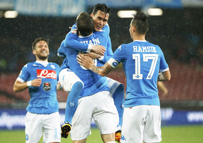 Napoli's Gonzalo Higuain celebrates after scoring his second goal against Atalanta