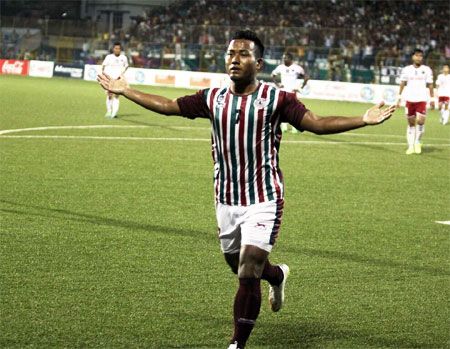 Mohun Bagan's Jeje Lalpekhula celebrates a goal against Lajong during their Fed Cup match in Barasat on Sunday
