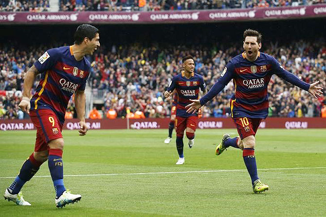 FC Barcelona's Lionel Messi celebrates after netting a goal