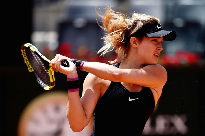 Canada's Eugenie Bouchard plays a backhand in her match against Serbia's Jelena Jankovic