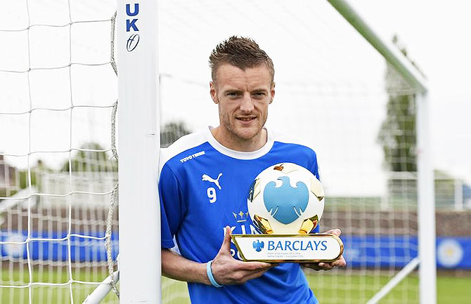 Leicester City's Jamie Vardy with the Barclays Player Of The Season Award on Saturday