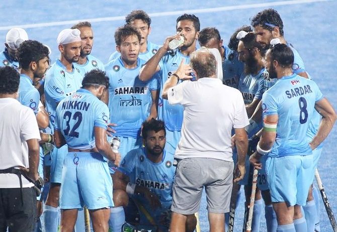 The Indian hockey team gets a pep talk from chief coach Roelant Oltmans