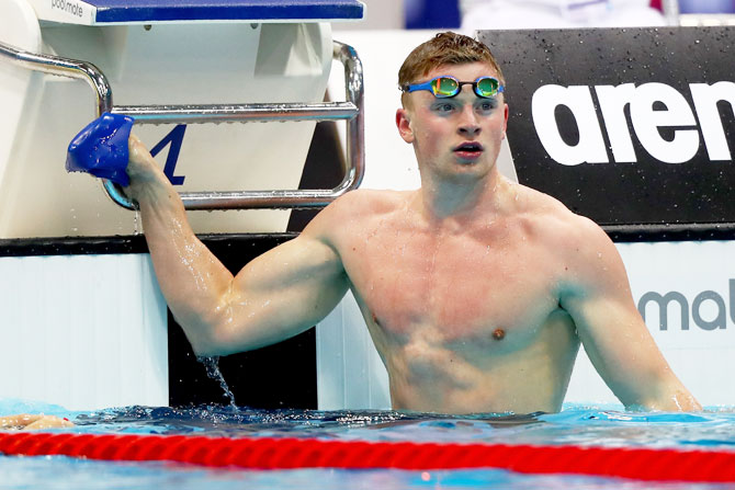 Great Britain's Adam Peaty looks on afer winning the Men's 100m Breastroke Final on day nine of the 33rd LEN European Swimming Championships 2016 at the London Aquatics Centre on Tuesday