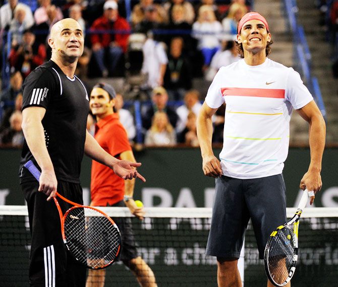 Tennis stars Andre Agassi and Rafael Nadal