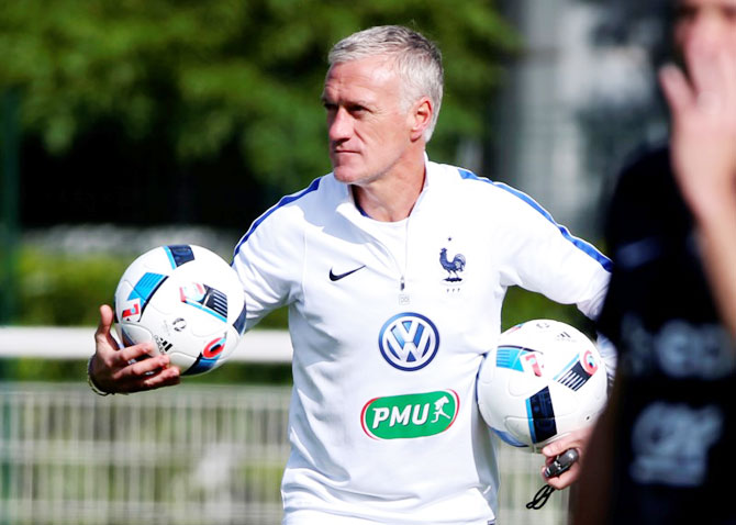 France's national soccer team coach Didier Deschamps conducts a training session
