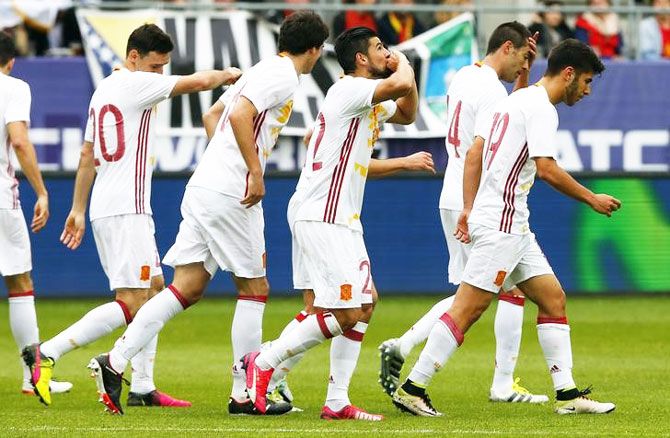 Spain's Manuel Agudo Nolito reacts after scoring his second goal against Bosnia and Herzegovina in St. Gallen, Switzerland on Sunday