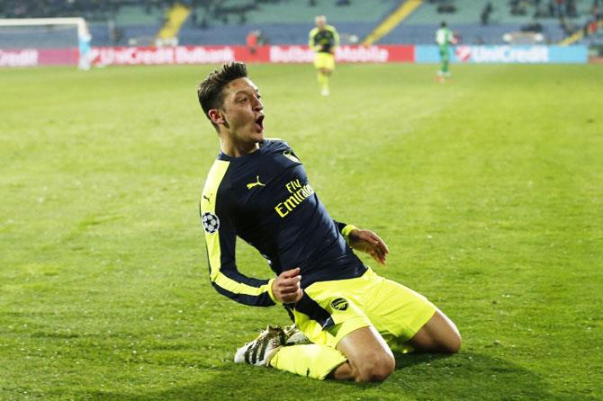 Arsenal's Mesut Ozil celebrates scoring their third and winning goal against PFC Ludogorets Razgrad during their UEFA Champions League Group Group A match at Vasil Levski National Stadium, Sofia, Bulgaria, on Tuesday