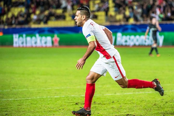 AS Monaco's Radamel Falcao celebrates his goal against CSKA Moscow on Wednesday