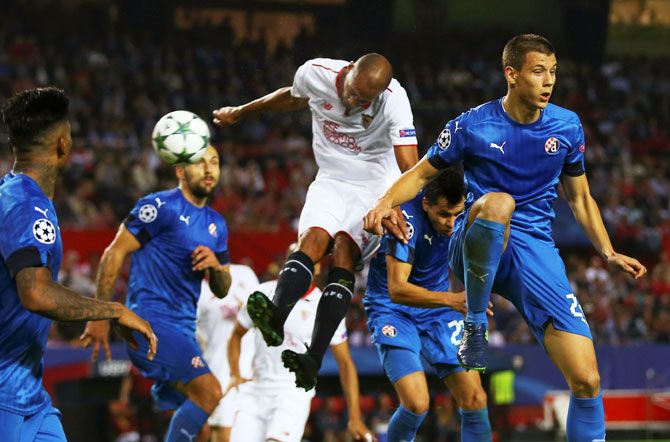 Sevilla's Steven N'Zonzi heads home to score against Dinamo Zagreb during their Champions League Group H match at Ramon Sanchez Pizjuan Stadium, in Seville on Wednesday