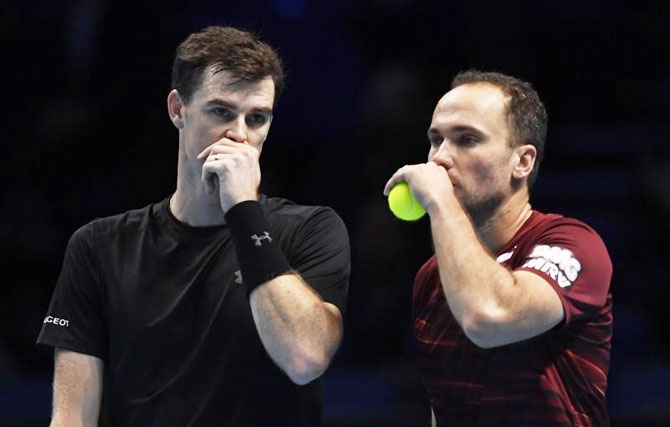 Britain's Jamie Murray and his doubles partner Brazil's Bruno Soares at the ATP World Tour Finals match on Friday