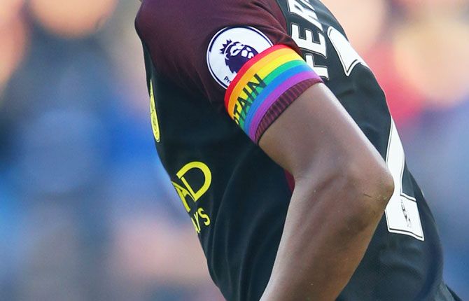 Fernandinho of Manchester City wearing a rainbow-coloured captain's armband during the Premier League match against Burnley at Turf Moor in Burnley on Saturday