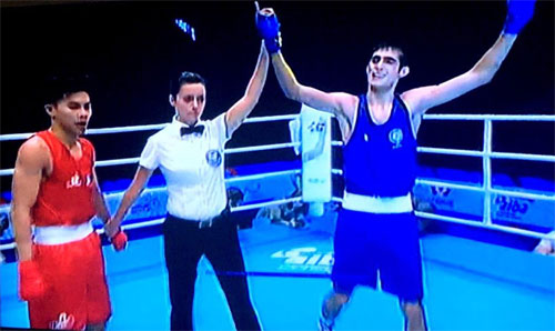 A video grab shows India's Sachin Singh declared winner of the gold medal bout against Cuba's Jorge Grinan at the Youth World Boxing Championships in St. Petersburg, Russia, on Saturday