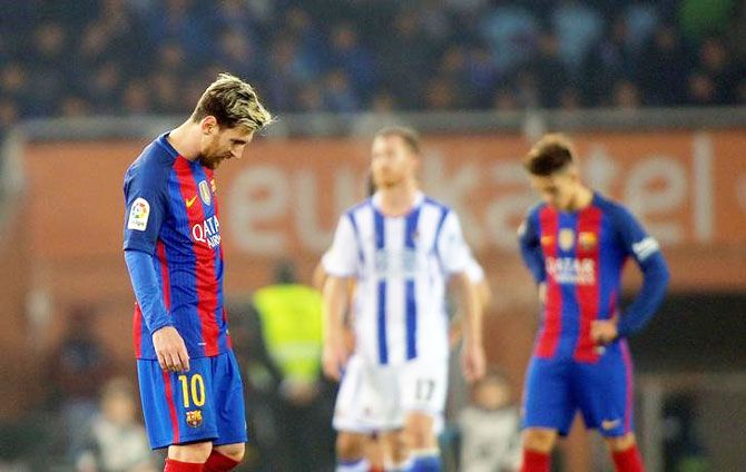 Barcelona's Lionel Messi reacts after the match against Real Sociedad at Estadio Anoeta, San Sebastian, Spain on Sunday