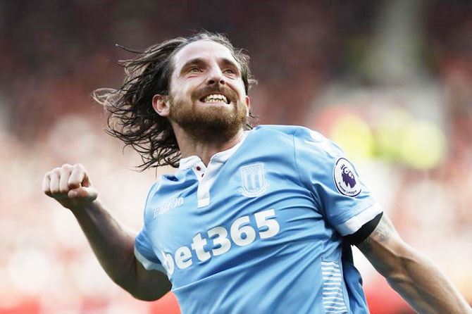 Stoke City's Joe Allen celebrates scoring against Manchester United at Old Trafford on Sunday