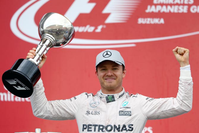 Nico Rosberg celebrates after winning the Japanese Grand Prix earlier this year