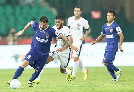 Players from Chennaiyin FC and FC Goa in action during their ISL match in Chennai on Thursday