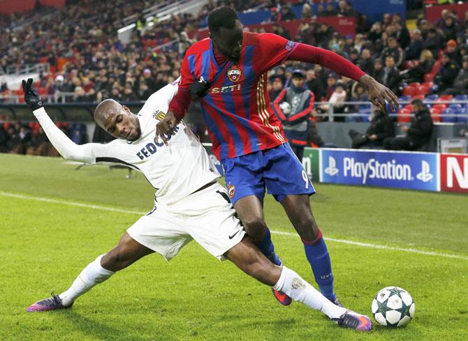 CSKA Moscow's Lacina Traore and Monaco's Djibril Sidibe vie for the ball during their UEFA Champions League, Group E match at CSKA Stadium, Moscow