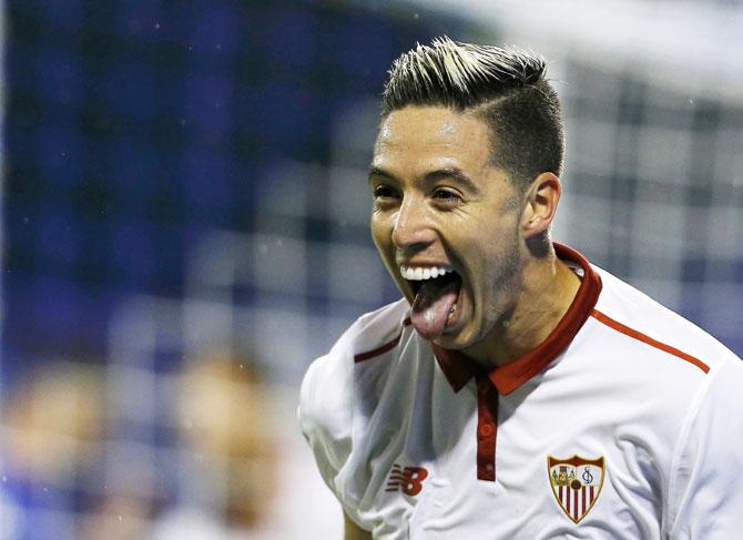 Sevilla's Samir Nasri celebrates scoring a goal against Dinamo Zabreb during their UEFA Champions League Group H match at Maksimir stadium, Zagreb, Croatia