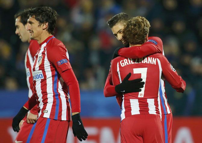 Atletico Madrid's Yannick Carrasco celebrates with his teammates after scoring a goal against FC Rostov at Olimp 2 Stadium, Rostov-on-Don, Russia, on Wedneday