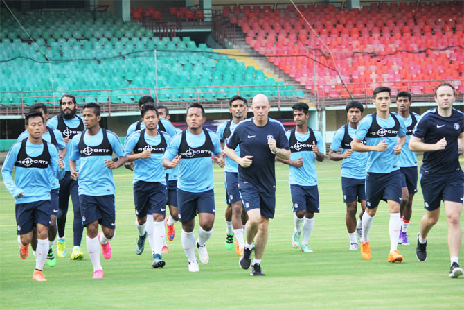 The Indian football at a training session with coach Stephen Constantine
