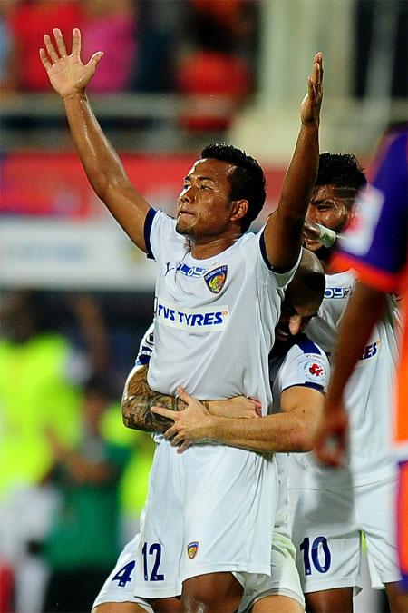 Chennaiyin FC's Jeje Lalpekhlua celebrates on scoring against Pune City FC in Pune on Sunday