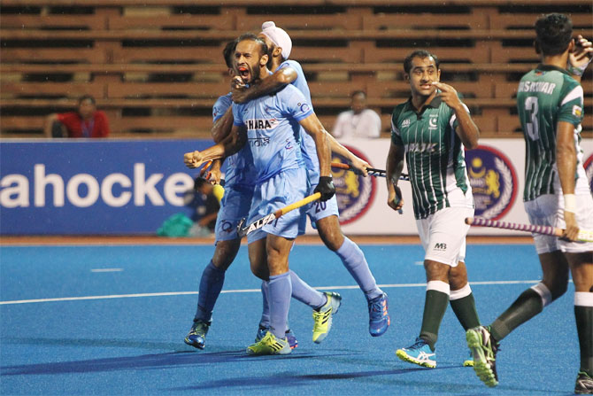 Ramandeep Singh celebrates on scoring the winner against Pakistan during their Asian Champions Trophy match in Malaysia on Sunday