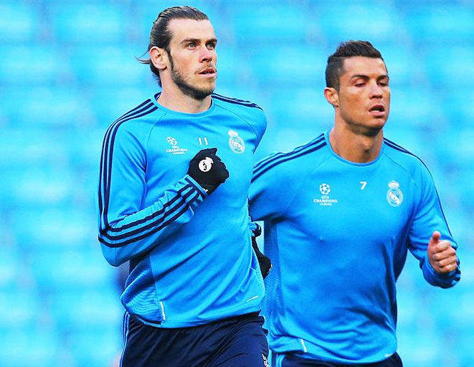 Gareth Bale and Cristiano Ronaldo during a Real Madrid team training session