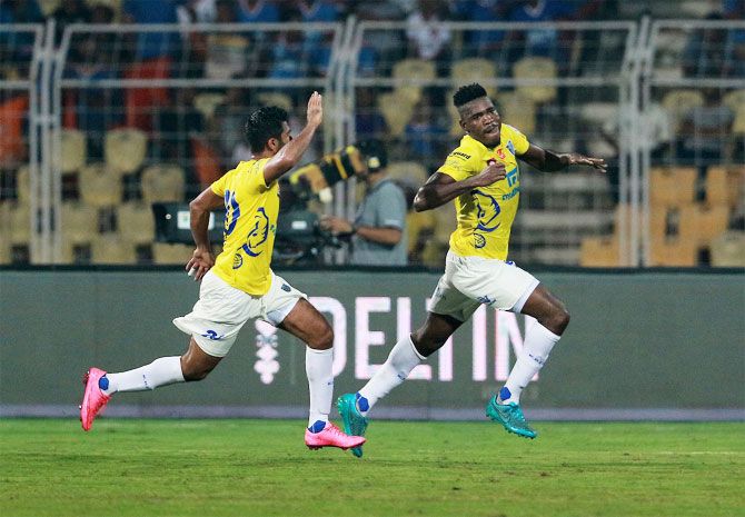 Kerala Blasters' Kervens Belfort celebrates after scoring the winner against FC Goa during their ISL match in Margao on Monday