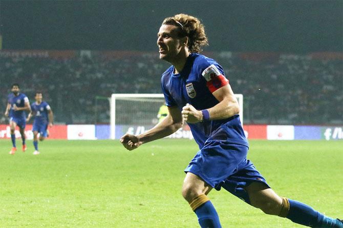 Mumbai City FC's Diego Forlan celebrates his winning goal against Atletico de Kolkata on Tuesday