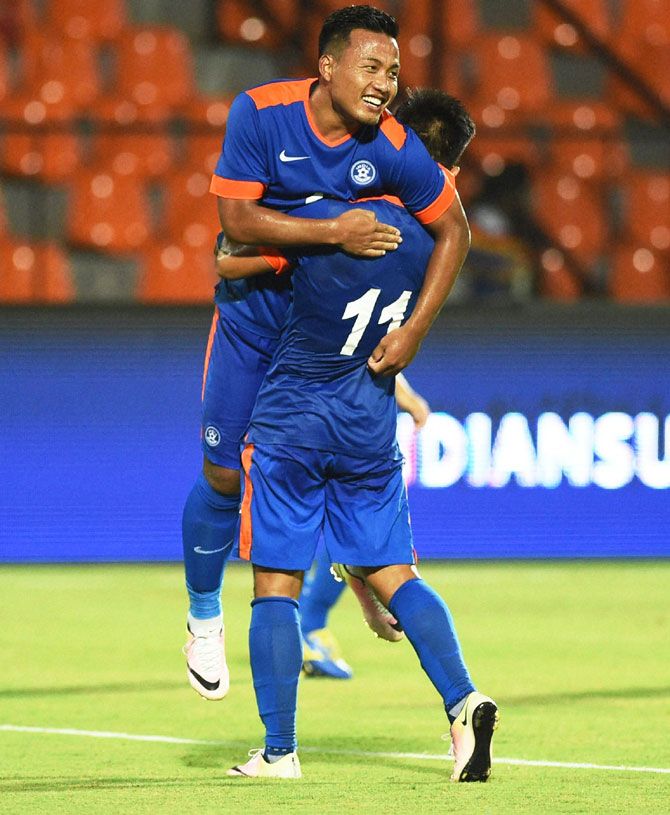 India's Jeje Lalpekhlua (left) celebrates with a teammate after scoring India's 3rd goal against Puerto Rico during their football friendly in Mumbai on Saturday
