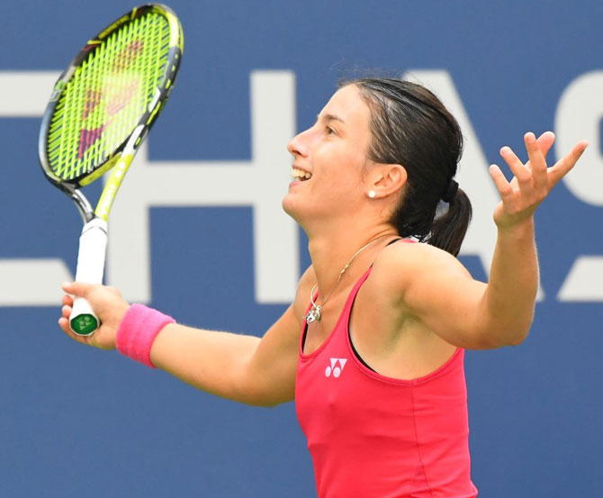 Latvia's Anastasija Sevastova celebrates after defeating Britain's Johanna Konta