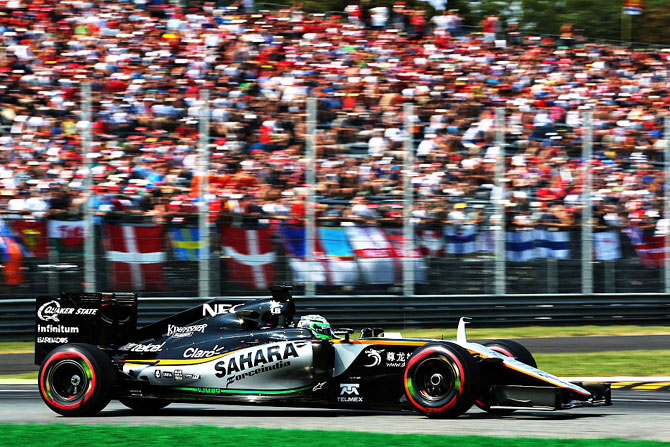 Force India's Nico Hulkenberg of Germany drives the (27) Sahara Force India F1 Team VJM09 Mercedes PU106C Hybrid turbo on track in Monza