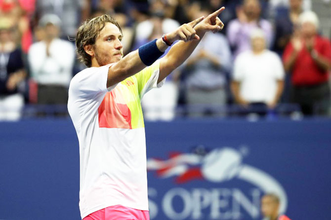  Lucas Pouille of France celebrates after winning his match against Rafael Nadal on Sunday