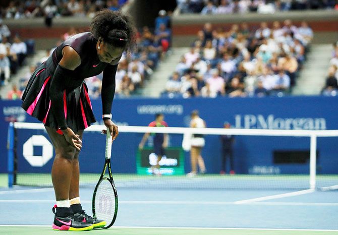 Serena Williams reacts during her match against Karolina Pliskova