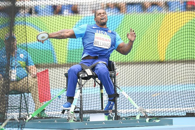 Johnnie Williams of the USA competes in the men's discus throw - F56 at the Olympic stadium on Saturday, September 10