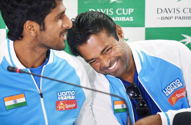 India's tennis stars Leander Paes and Saketh Myneni during a press conference on Tuesday