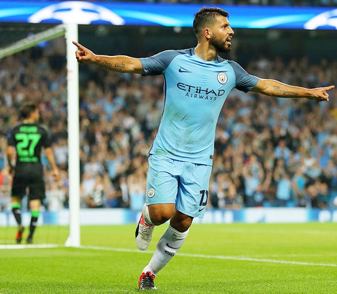 Sergio Aguero of Manchester City celebrates scoring during the UEFA Champions League