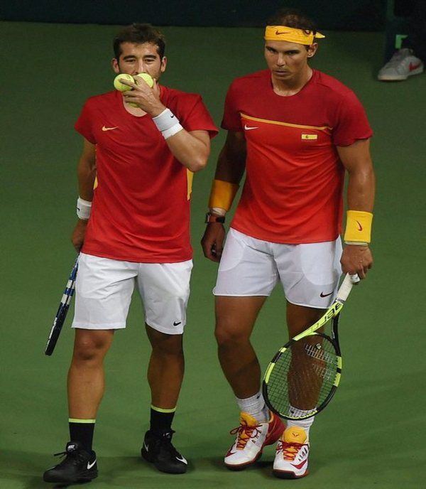 Rafael Nadal and Marc Lopez during the Davis Cup doubles tie against India. Photograph: PTI