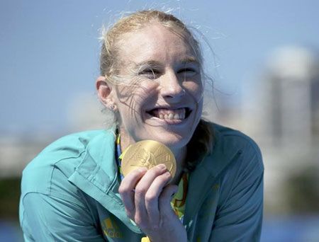 Australian rower Kim Brennan poses with her gold medal