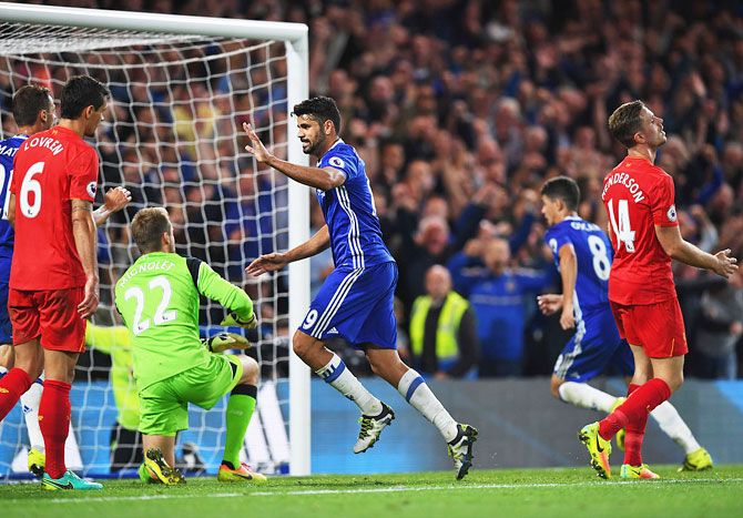 Chelsea's Diego Costa celebrates as he scores their first goal 